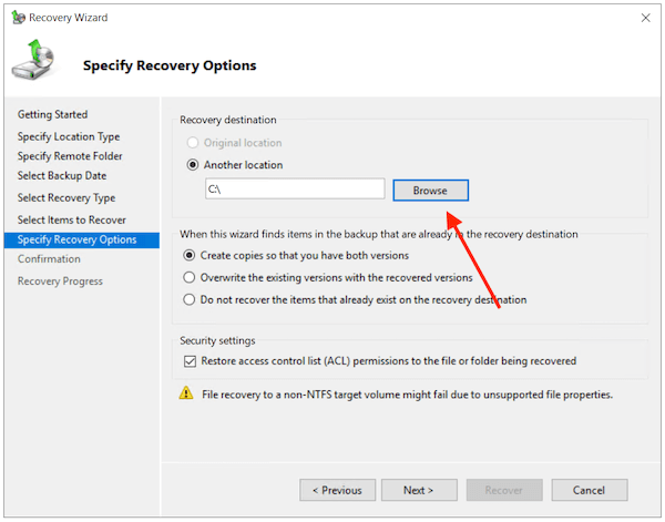 Selecting the destination folder to backup the server data