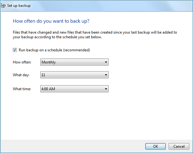 Set backup schedule Windows 7