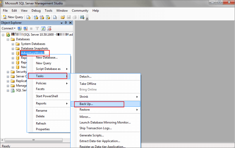 start ssms backup