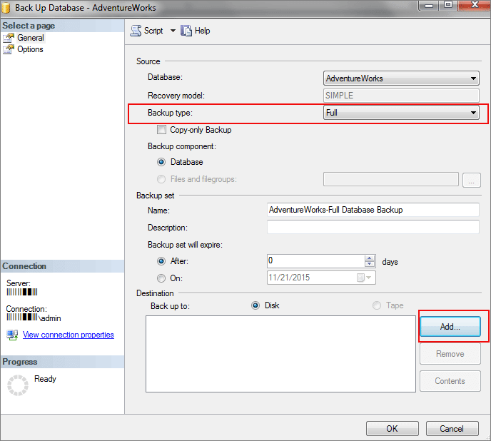 choose SQL backup types