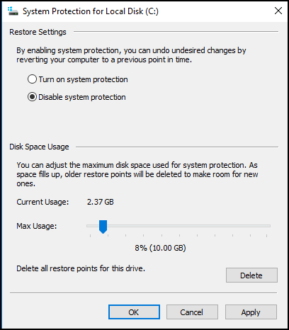 system protection for local disk