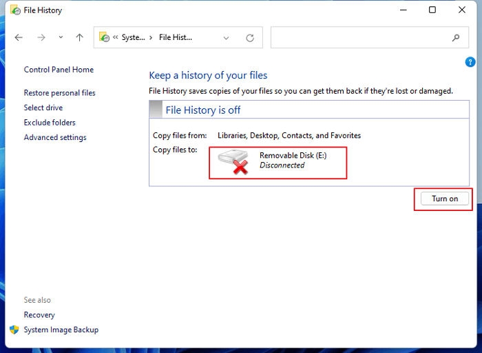 Turn on File History in Windows 11