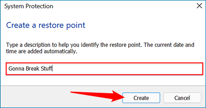 Type a descriptive name for restore point