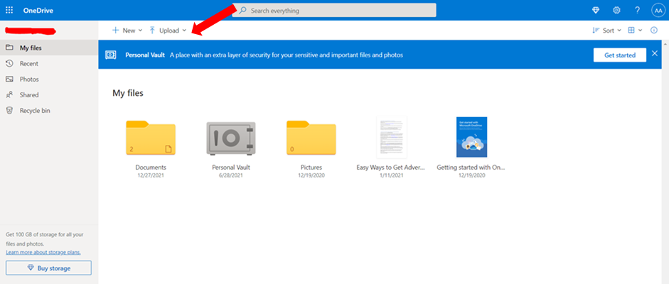 upload files from the onedrive website