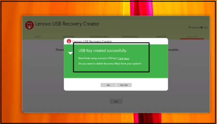 USB recovery key created successfully