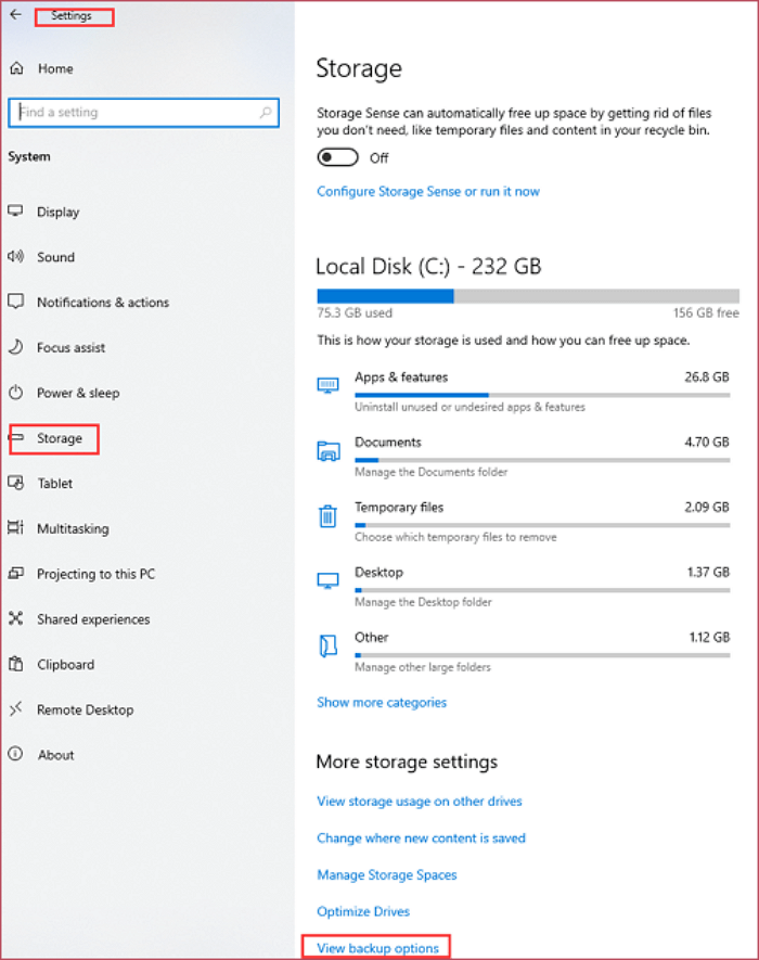 view backup options