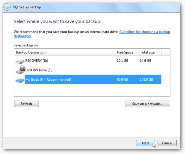  Select drive to backup data 