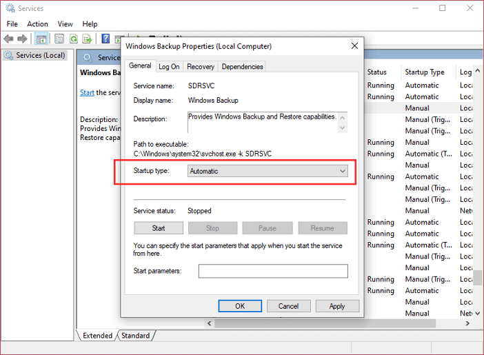 change the startup type to Automatic