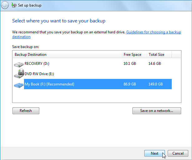 where to save backup Windows 7