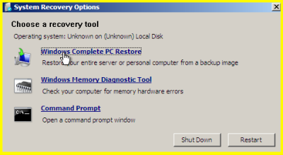 Clicking on the options to perform bare metal recovery