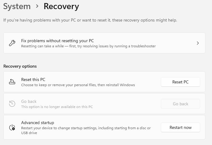 windows recovery section