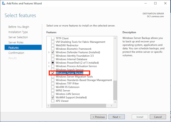Selecting Windows Server Backup in the Features section