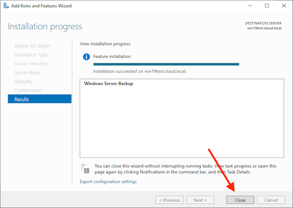 Installation progress of Windows Server Backup feature