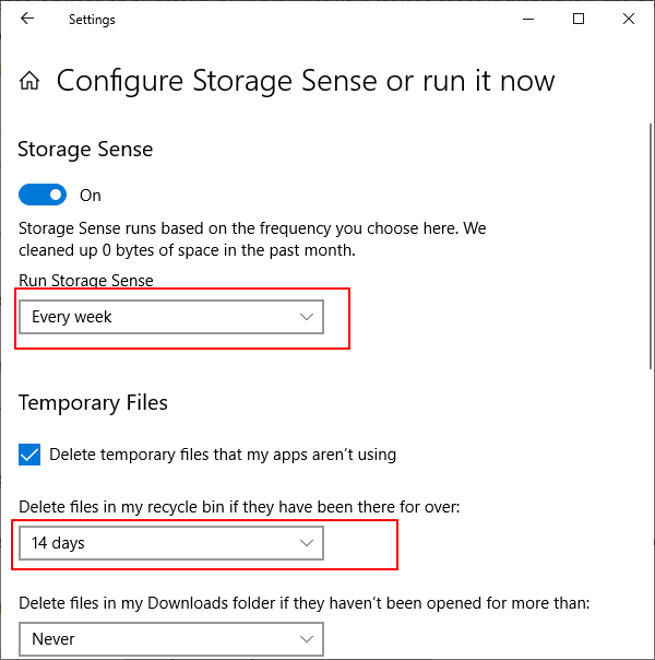 Set frequency to clean my pc via storage sense