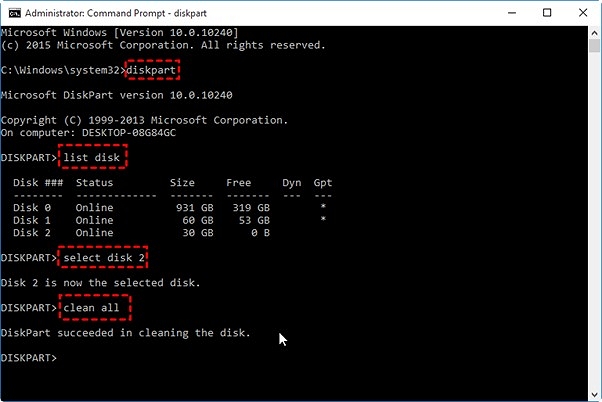 Erase disk with clean all cmd command