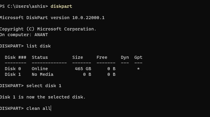 diskpart erase drive
