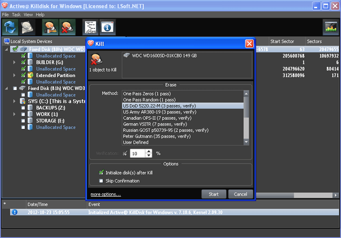 Select disk erase method