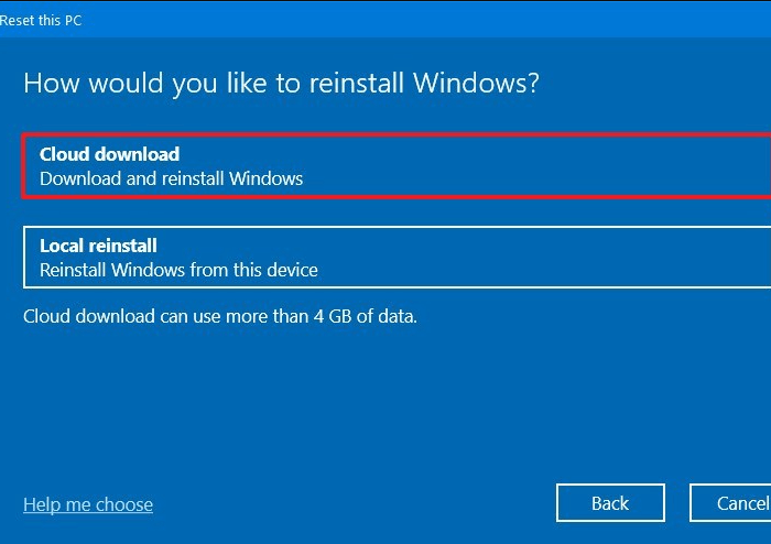 Cloud download Windows 11 after reset the PC