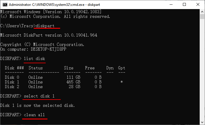 Clear pen drive via diskpart command