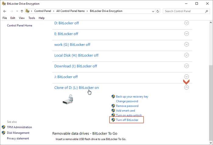 Turn off Bitlocker partition