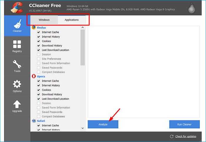 open ccleaner and click analyze