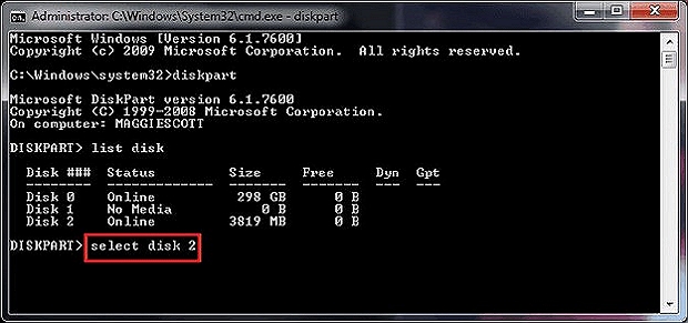 type list disk to format USB flash drive using cmd