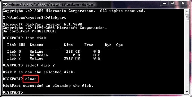 type list disk to format USB flash drive using cmd