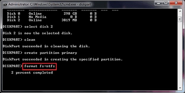 type list disk to format USB flash drive using cmd
