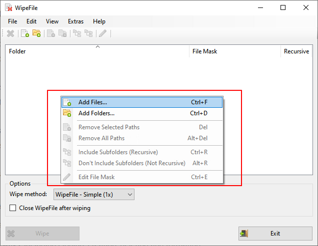 Add files to wipe