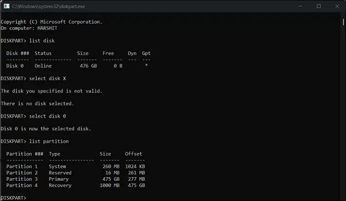 Select Disk and then list partitions. 