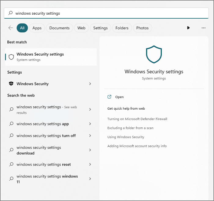oepn Windows Security Settings