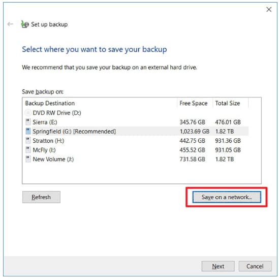 how to windows 10 backup to network drive