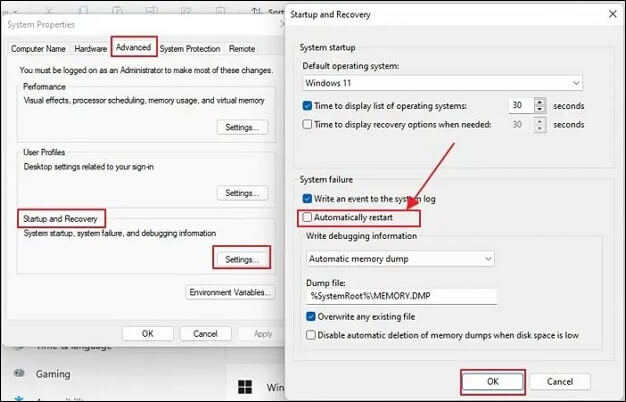 Disable Automatic Restart on Failure