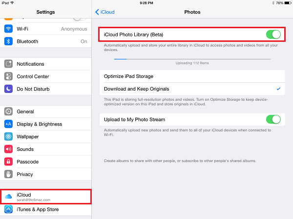 Enable iCloud Photo Library on iPad