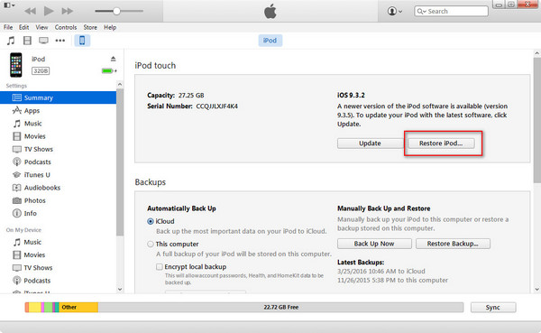 Restore iPod touch with iTunes