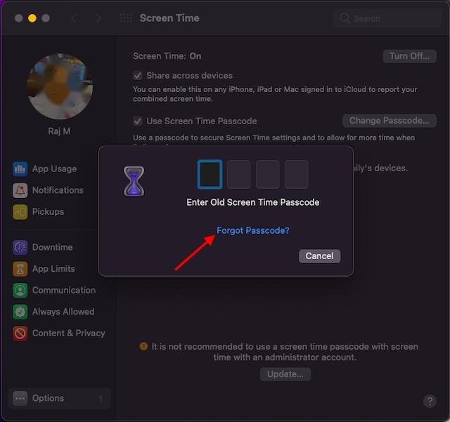 Change screentime passcode on a Mac