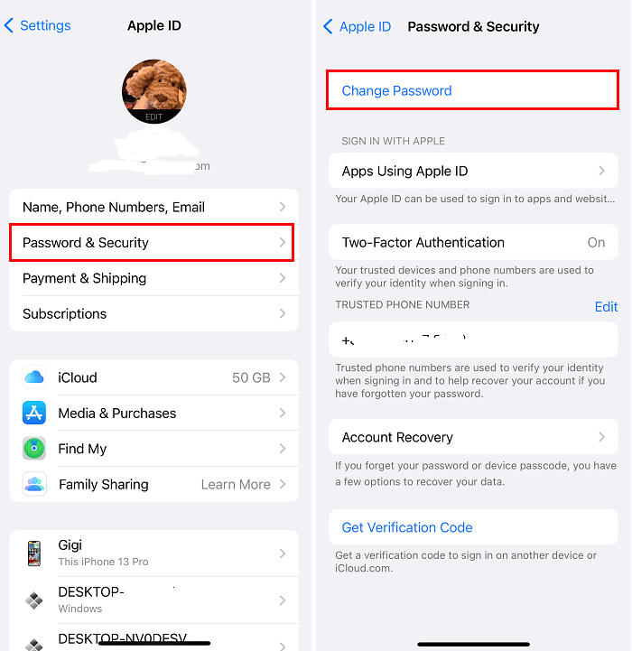 Change Apple ID Password in Settings