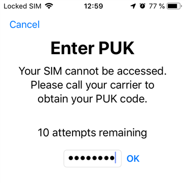 Enter PUK code on your device
