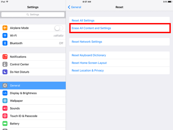 Erase all content and settings from iPad