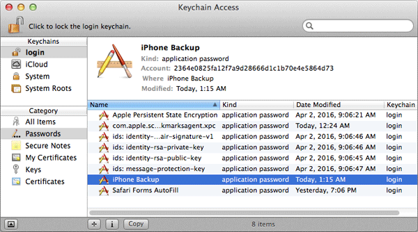 Find iTunes backup encryption password via Keychain