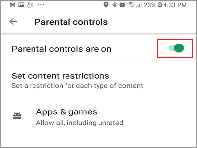 Turn off parental control on Android 
