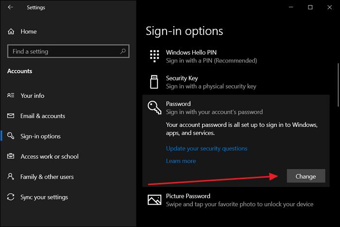windows settings remove password