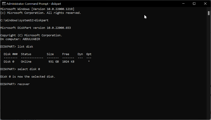 type recover and press Enter