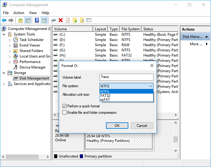 Format USB using disk management