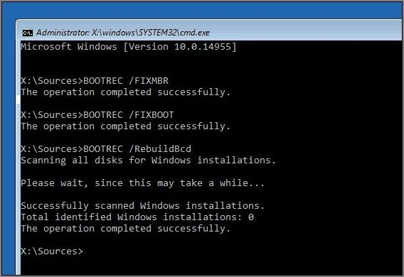 write bootrc.exe/rebuildbcd