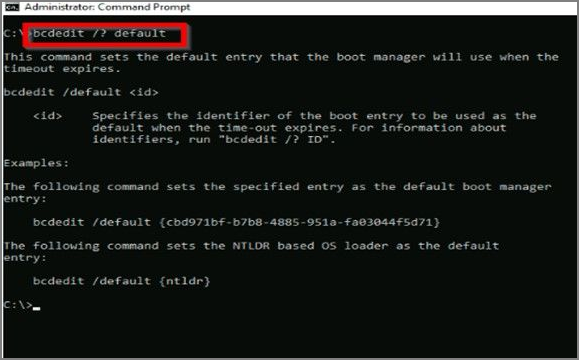 write bcdedit/? default