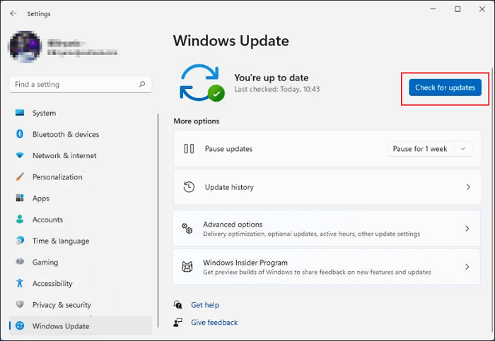 Check for update in Windows 11
