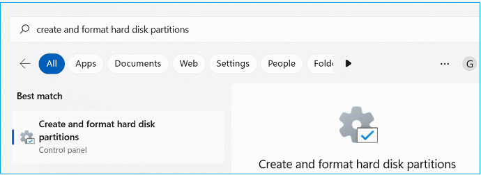 Type create and format hard disk partitions in the search bar in Windows 11