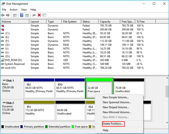 Right-click the volume to find the Delete Partition option