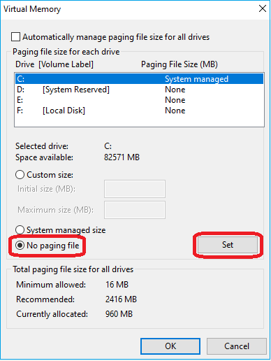 Select the No paging file option to remove the virtual partition